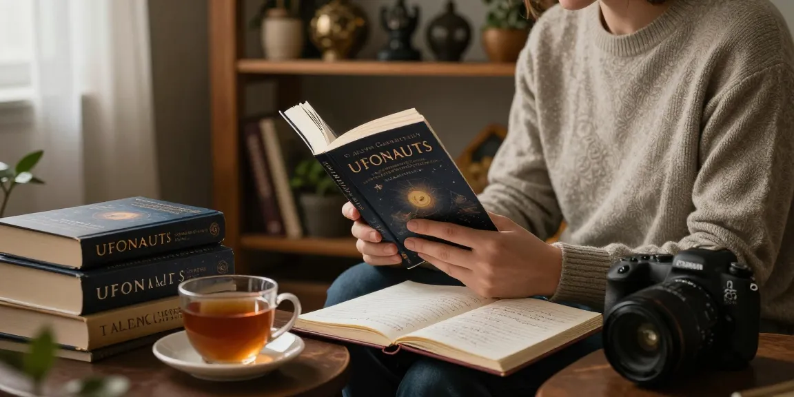 T Allen Greenfield's UFOnauts featured at https://tallengreenfield.com in a cozy reading nook with warm lighting and stacks of similar spiritual books.
