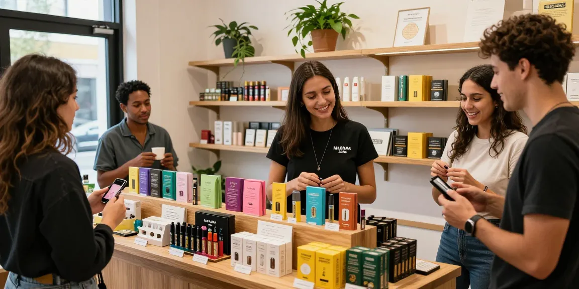 Customers exploring Muha Med cannabis products in a vibrant urban shop, showcasing a lively shopping atmosphere