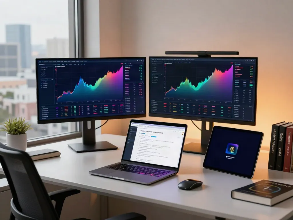 Professional cryptocurrency trading setup displaying 贵金属行情API data with dual monitors showing live market insights and DeFi strategies.