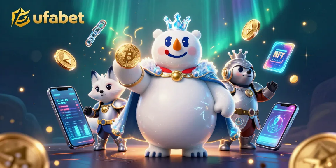 Play and win with ufabet in a spectacular 3D casino scene showcasing vibrant elements from gambling and cryptocurrency.