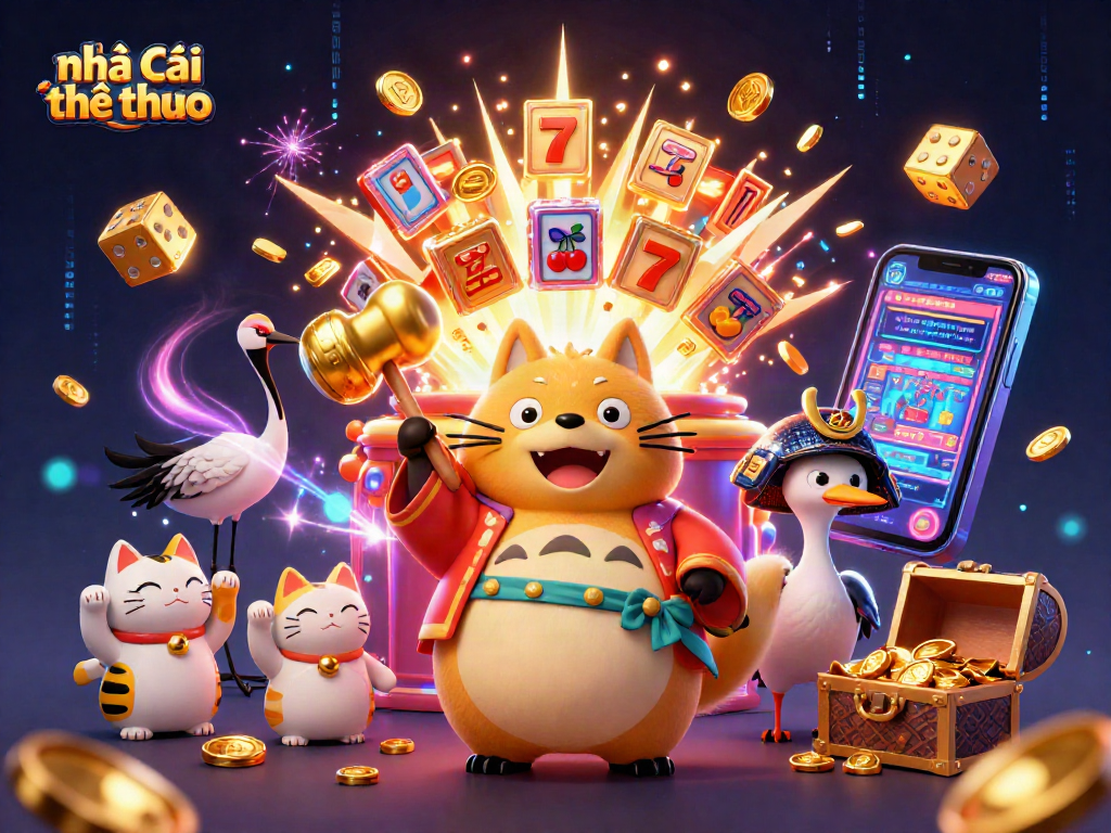 Experience the excitement at nhà cái thể thao with cheerful tanuki and lucky symbols celebrating wins!