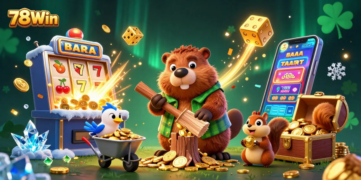 Experience the excitement of 78Win with a cartoon beaver collecting gold coins amidst a vibrant casino setting.