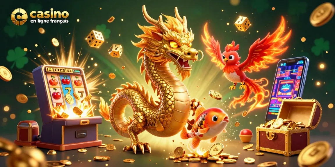 Jouez dans un casino en ligne français avec un dragon doré et des jetons de chance.
