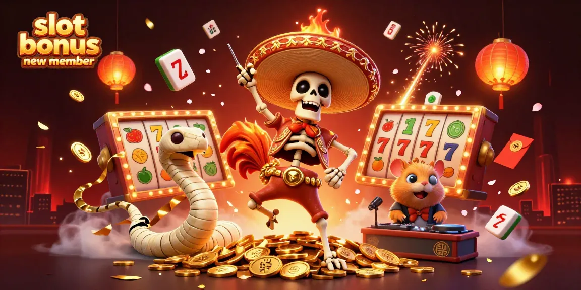 Engage with the exciting slot bonus new member offer, featuring vibrant characters and iconic symbols in a festive 3D casino scene.