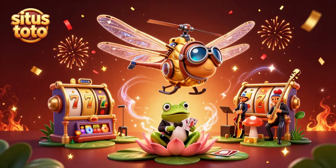 Engage with situs toto at the vibrant lily pad casino, featuring a dragonfly pilot and frog croupier.