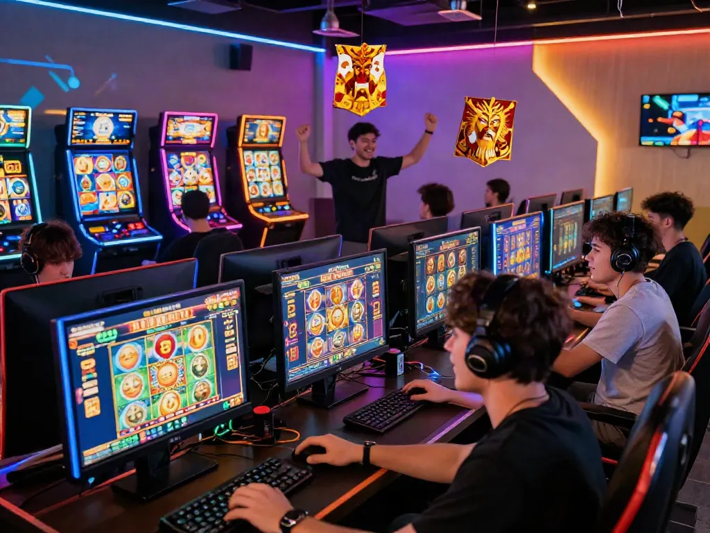 Permainan slot zeus di ruang gaming modern dengan pemain merayakan kemenangan, suasana ceria dan penuh warna.