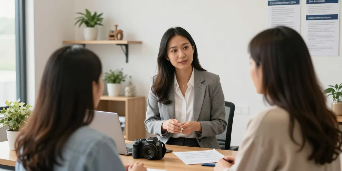 창원오피 - Trusted local service provider consulting with satisfied customers in a welcoming office.