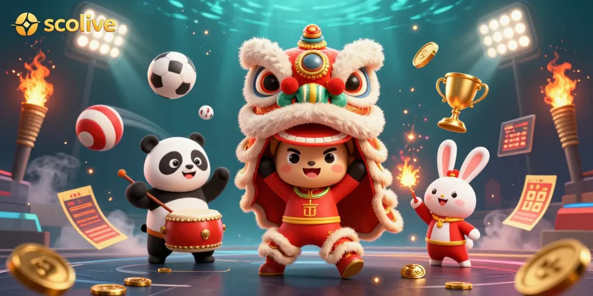 Experience the thrill of socolive as characters celebrate with a lion dance surrounded by dynamic sports elements.