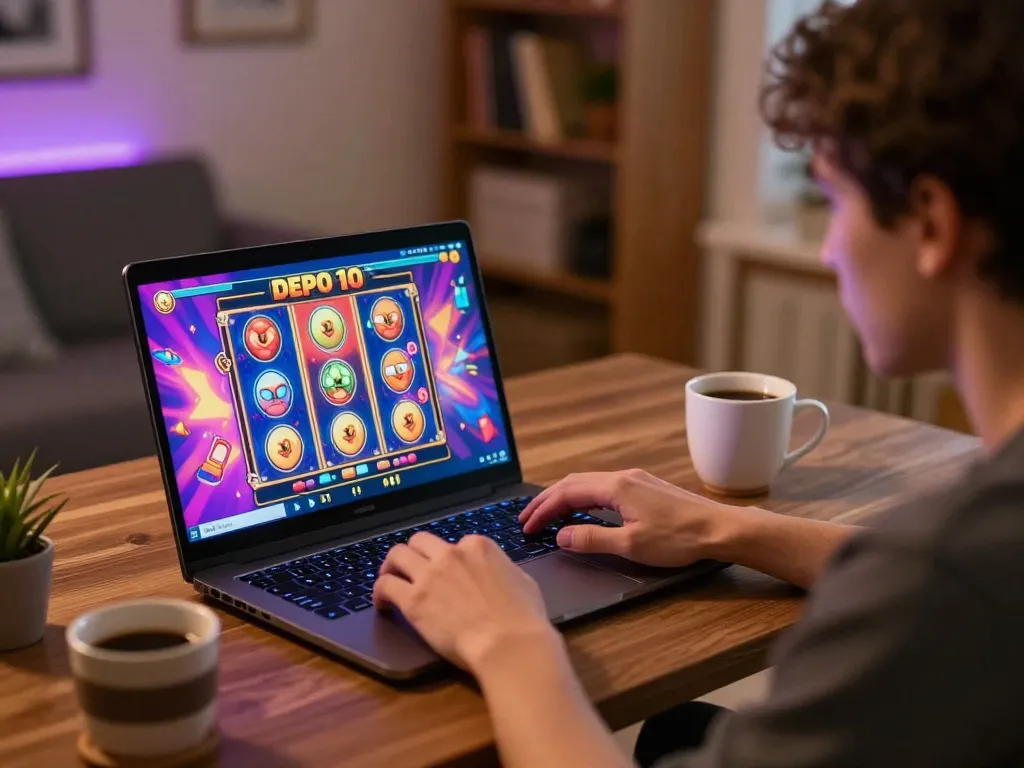 Engaging in exciting slot depo 10 gameplay on a laptop in a cozy home setting.