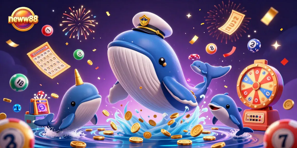 Experience the thrill of neww88 casino with a whale, narwhal, and dolphins amidst vibrant gambling icons.