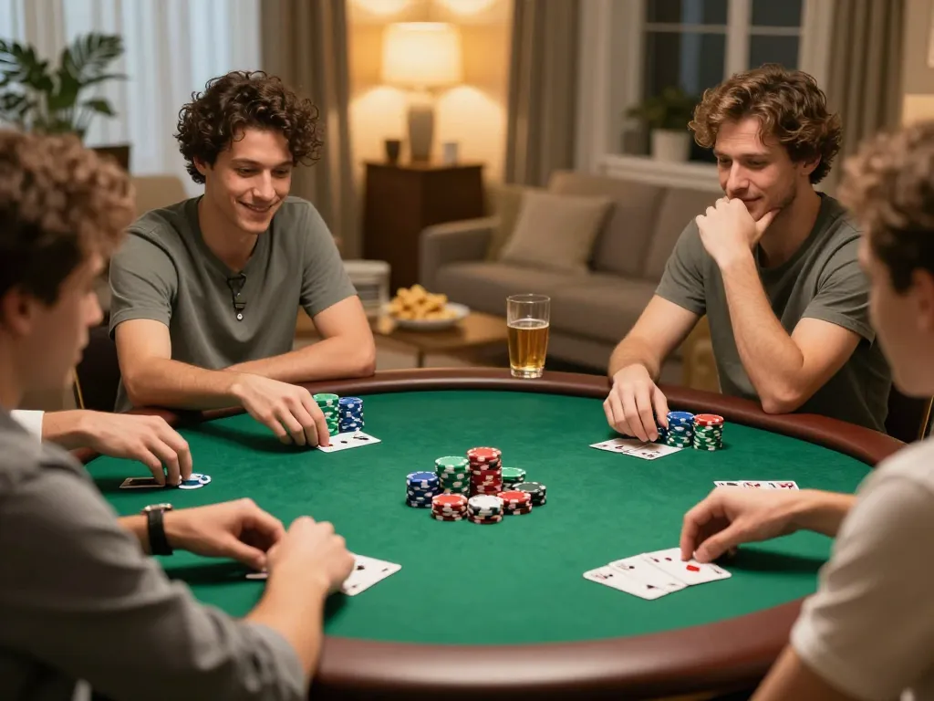 Situs slot gaming night with friends enjoying poker and celebrations around a table.