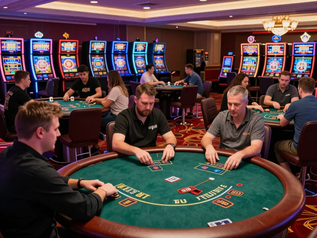 Players enjoying diverse games at F168 casino, with vibrant atmosphere and excitement.