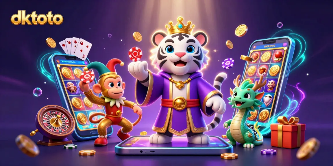 Play and explore dktoto's vibrant gaming universe with a majestic tiger, monkey, and dragon!