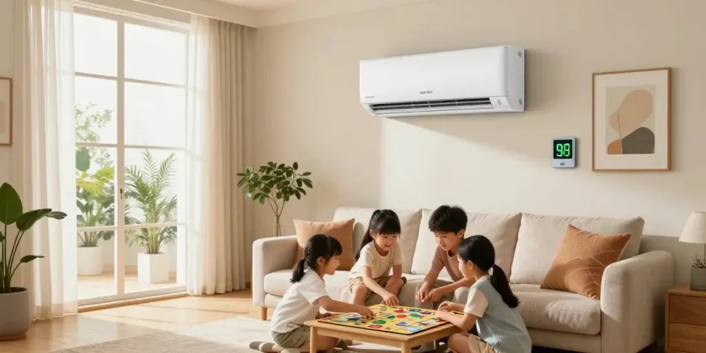 Modern living room with a family enjoying time together around a 24k BTU mini split air conditioning unit, emphasizing comfort and livability.