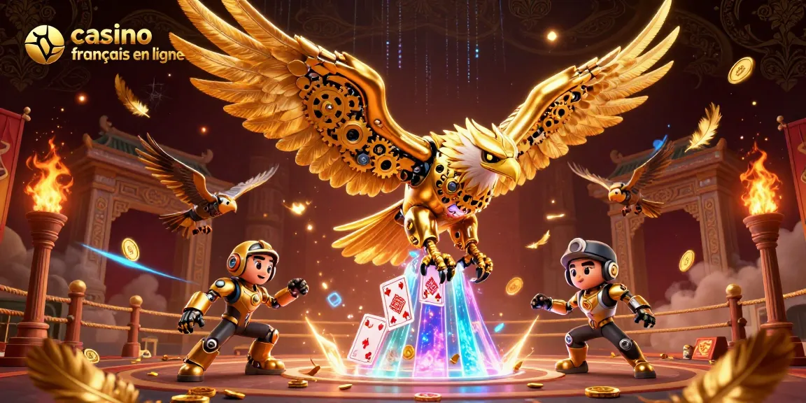 Jouez au casino français en ligne avec des aigles tournoyants et des cartes holographiques animées.