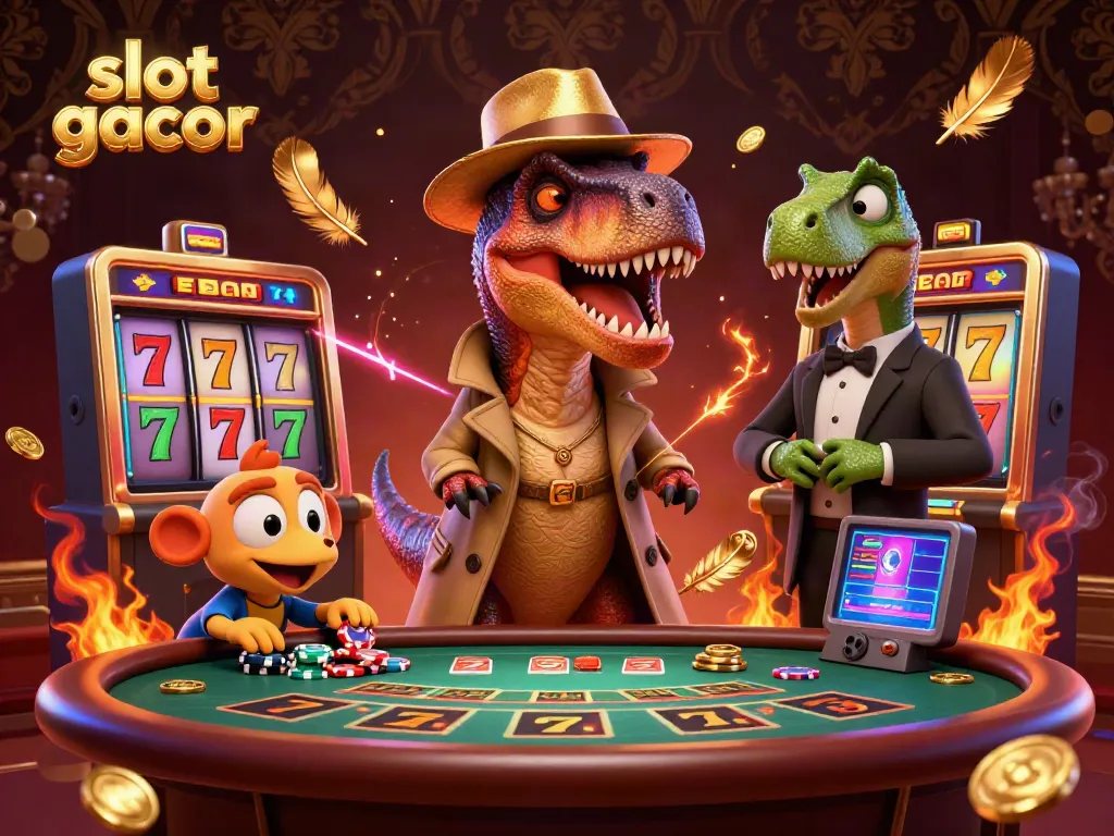 Slot gacor, ilustrasi dinosaur yang mencuri perhatian di meja blackjack dengan suasana kasino yang meriah.