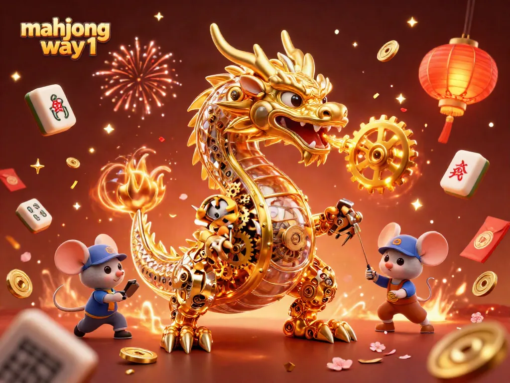 Engage in the magical world of Mahjong Way 1 with a dragon and engineer, surrounded by vibrant decorations.