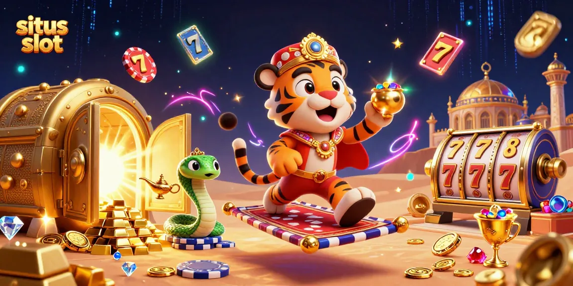 Permainan situs slot yang menampilkan sultan harimau dengan lampu genie, berlian dan koin emas.
