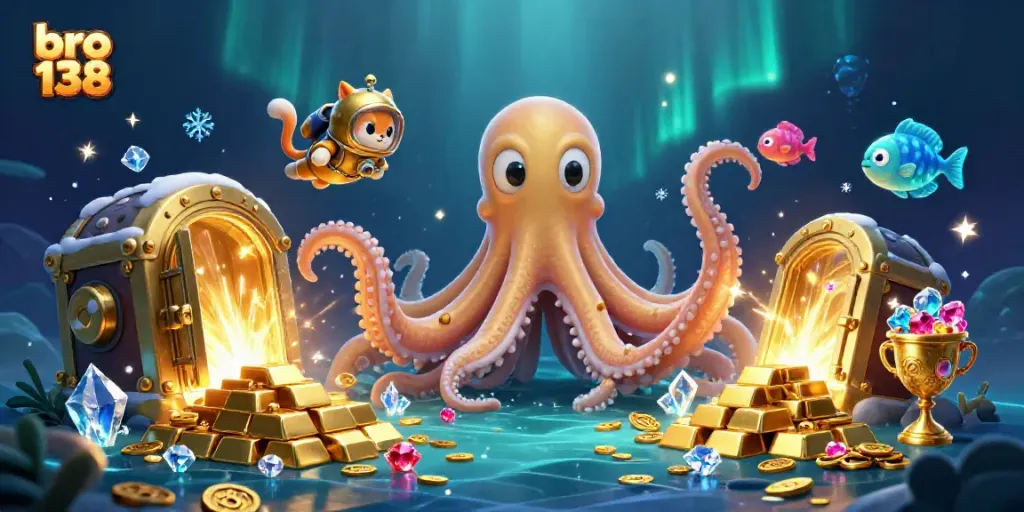 Spin the reels with bro 138 as a colossal kraken and diving cat explore a treasure-filled ocean!
