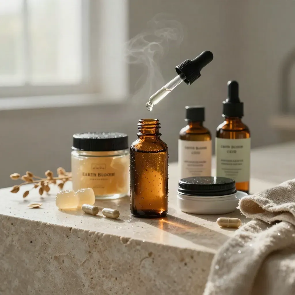 Earth Bloom CBD products on limestone at dawn with rain-soft amber light.