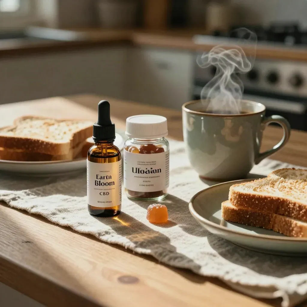 CBD oil, gummies and capsules beside coffee and toast on a sunlit kitchen table.