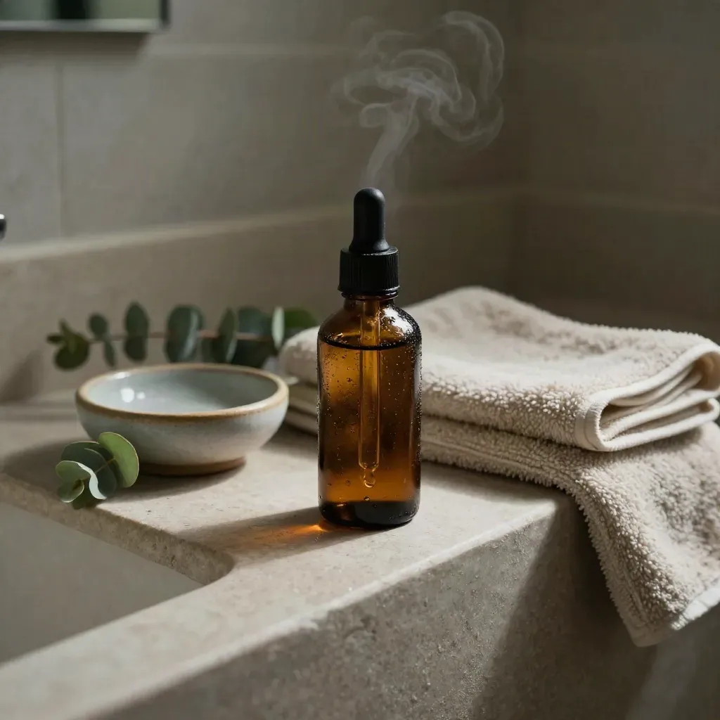 Amber CBD oil bottle on a stone bathroom ledge with towel, soap dish, and eucalyptus
