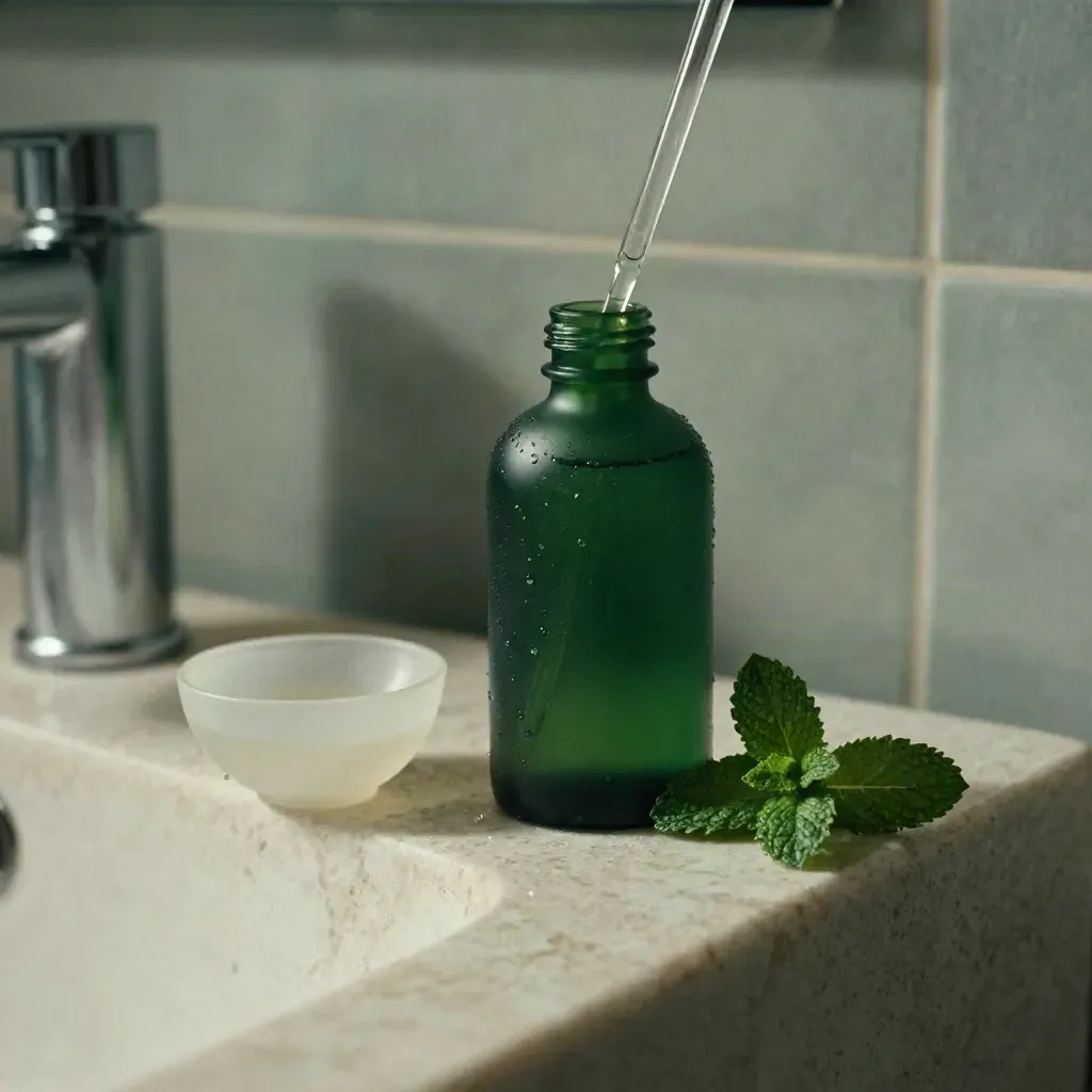 Mint tincture bottle, glass bowl and fresh mint on a stone sink ledge with water and soft tiles.