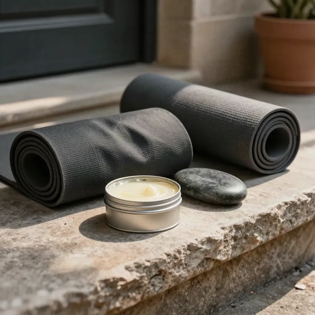 Open body balm tin, folded sleeve, massage stone and yoga mat on a stone threshold.