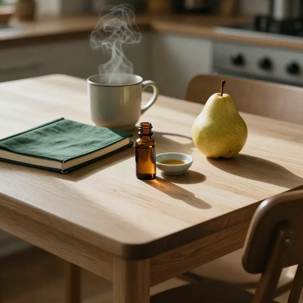 CBD oil bottle, dose dish, notebook, mug and pear on a sunlit breakfast nook table