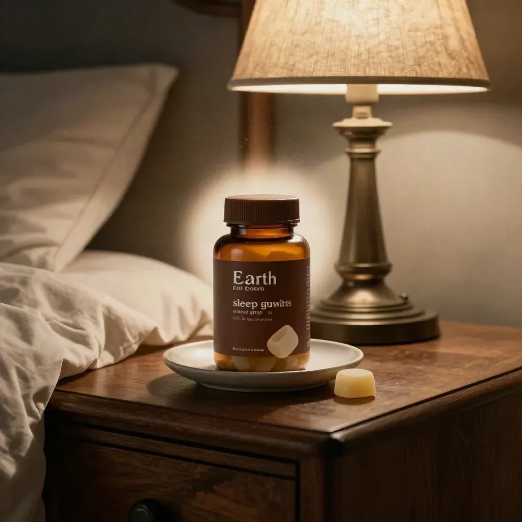 Sleep gummies jar, single chew, dim lamp, and rumpled duvet on a walnut bedside chest.