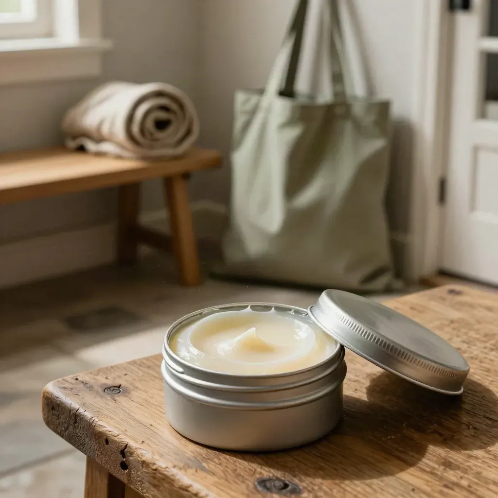 Open balm tin by a tote and rolled sleeve on a bench beside a doorway, lit by afternoon breeze.