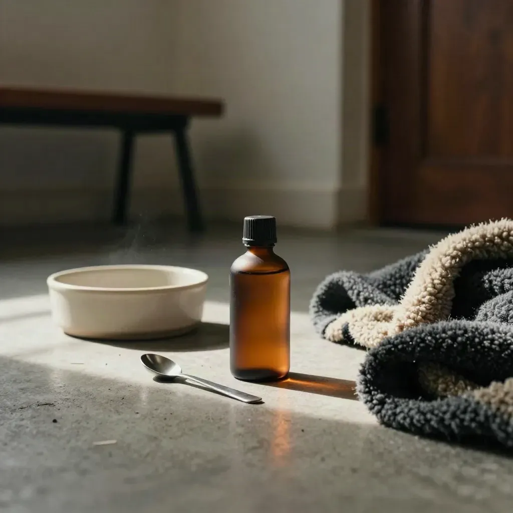 CBD pet oil bottle with spoon, water bowl, and folded blanket in a cozy mudroom