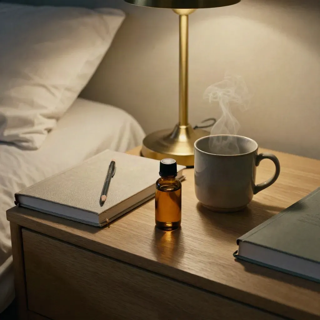Steam rises beside a CBD oil bottle, closed journal, pencil, and mug on a bedside table.