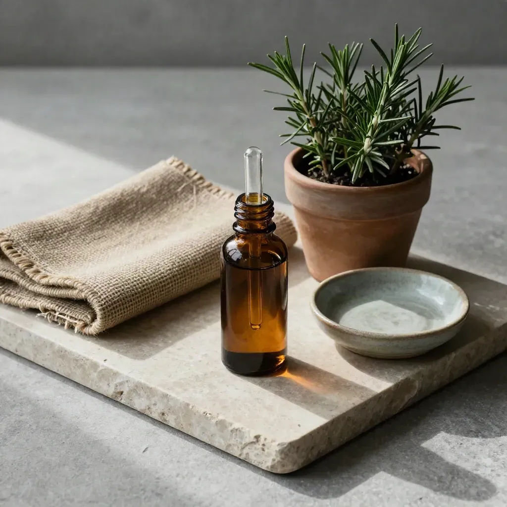 Amber tincture bottle, rosemary pot, hemp cloth, and ceramic dish on pale stone