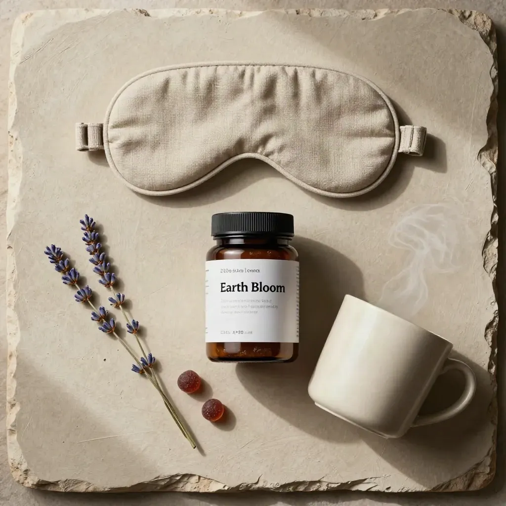 Overhead flatlay of sleep gummies jar with linen mask, mug, and lavender on warm plaster.