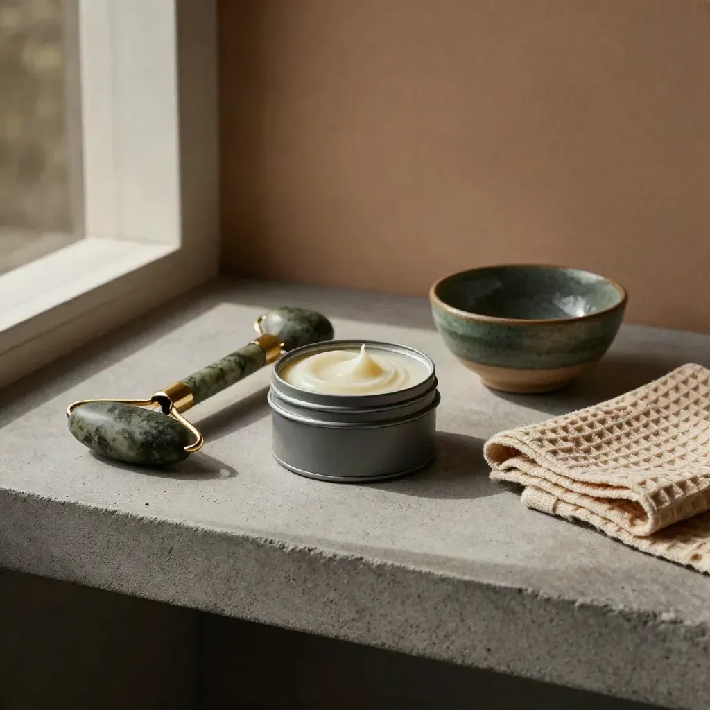 Open balm tin, massage stone, waffle cloth, and ceramic bowl on brushed concrete.