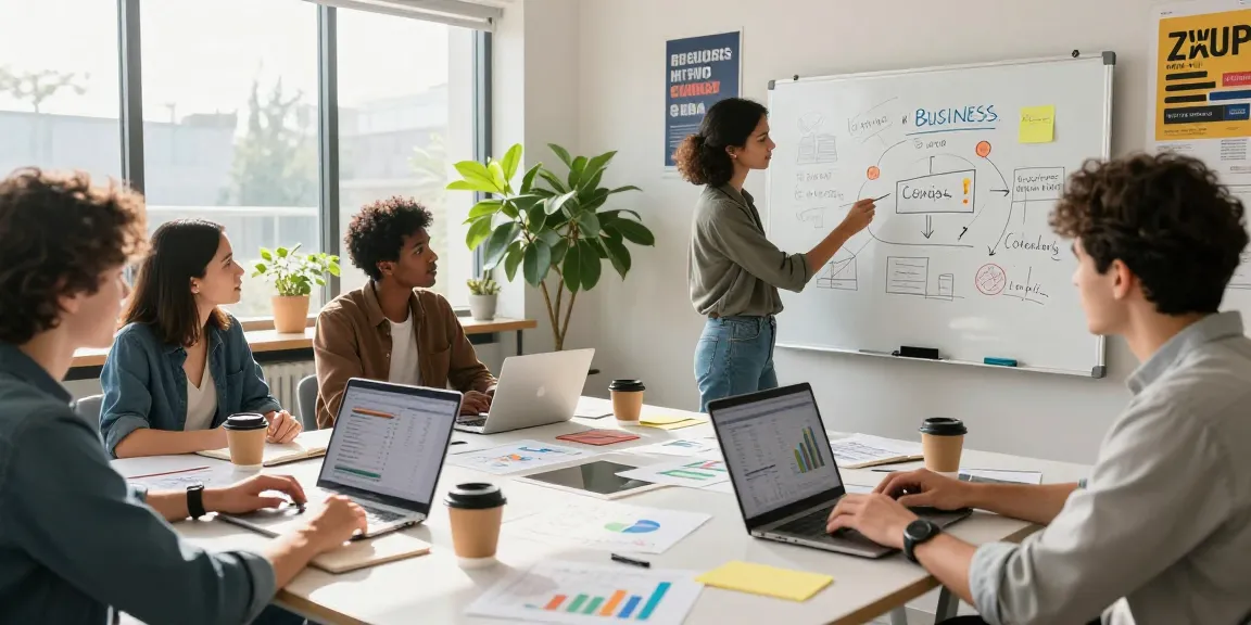 Entrepreneurs brainstorming business ideas at https://www.startsomethingpc.com in a vibrant co-working space.