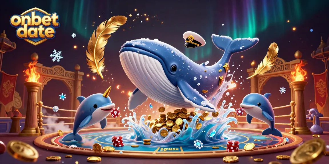 Engage with onbet date in a vibrant scene featuring a whale, narwhal, and dolphins amidst casino treasures.