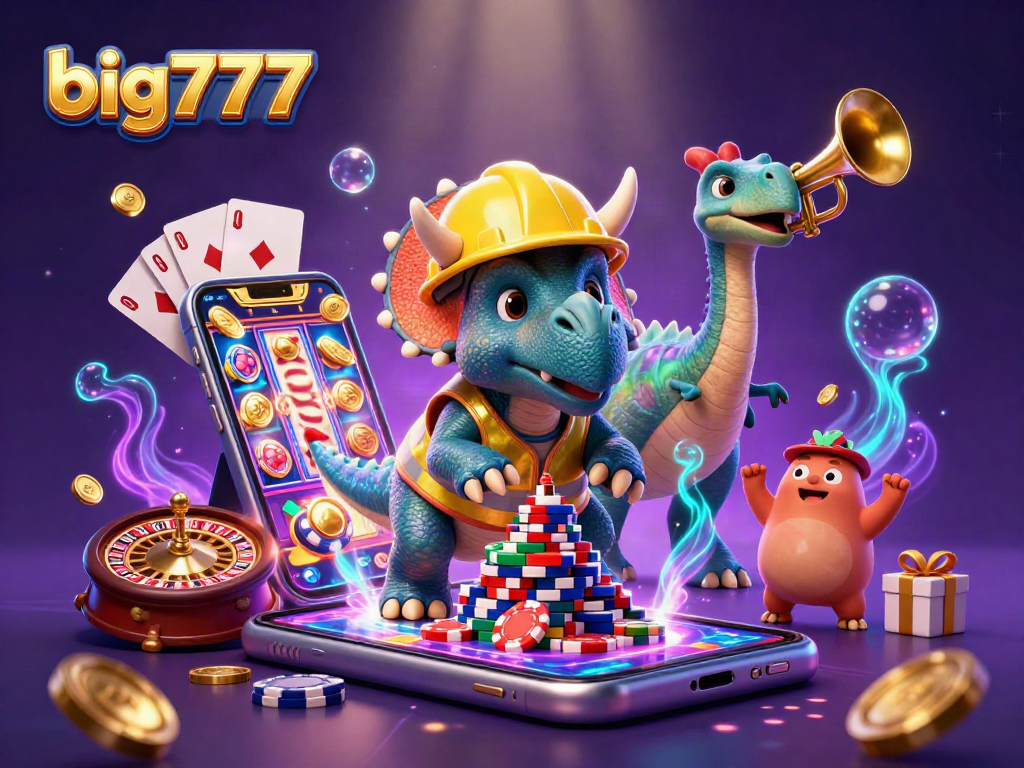 Engage with big777 slots as the triceratops builds a poker chip pyramid amidst casino excitement and cheer.