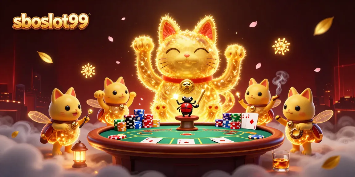 Experience the enchanting world of sboslot99 with vibrant casino elements and a lucky cat.