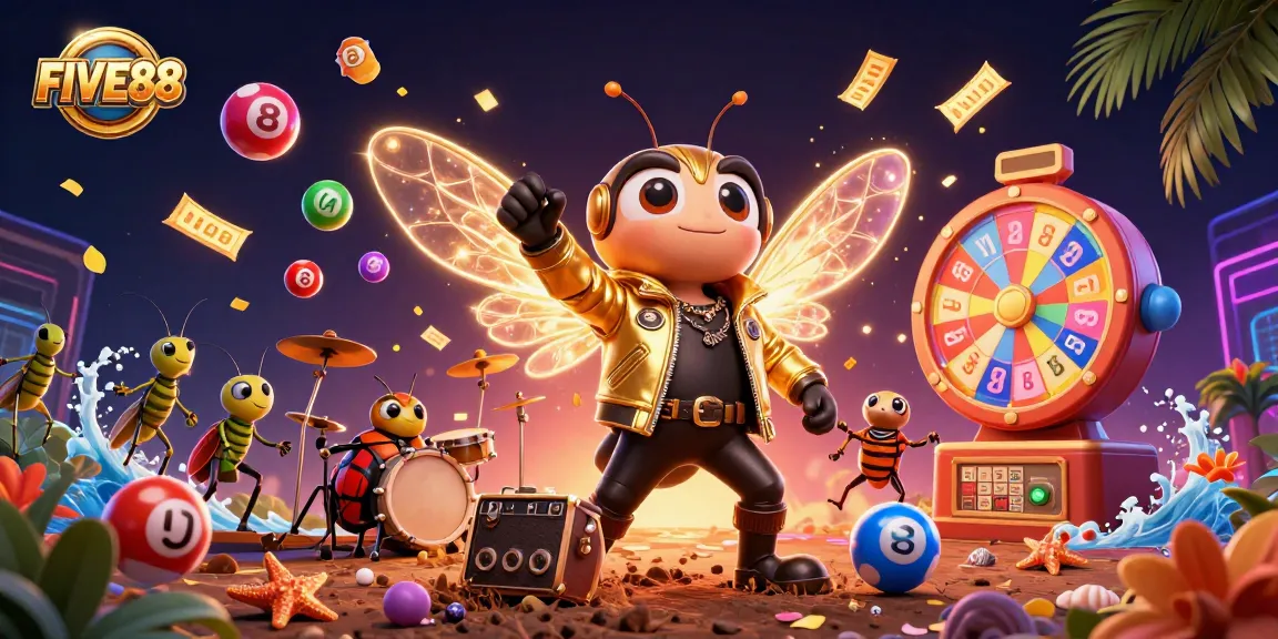 Engage with the lively FIVE88 casino scene featuring a buzzing rock star cicada and exciting gaming elements.