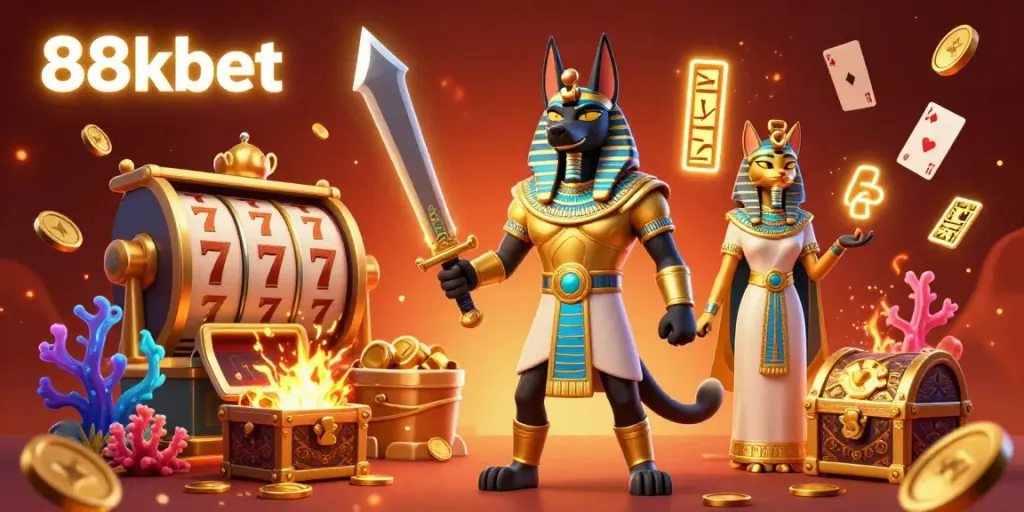 Engage with 88kbet's thrilling slots and jackpots in a dynamic, vibrant casino-themed illustration.