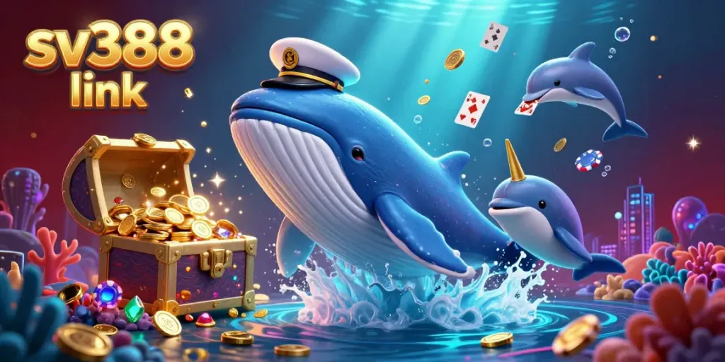 Engage with sv388 link's vibrant casino atmosphere featuring a cartoon whale and playful dolphins.