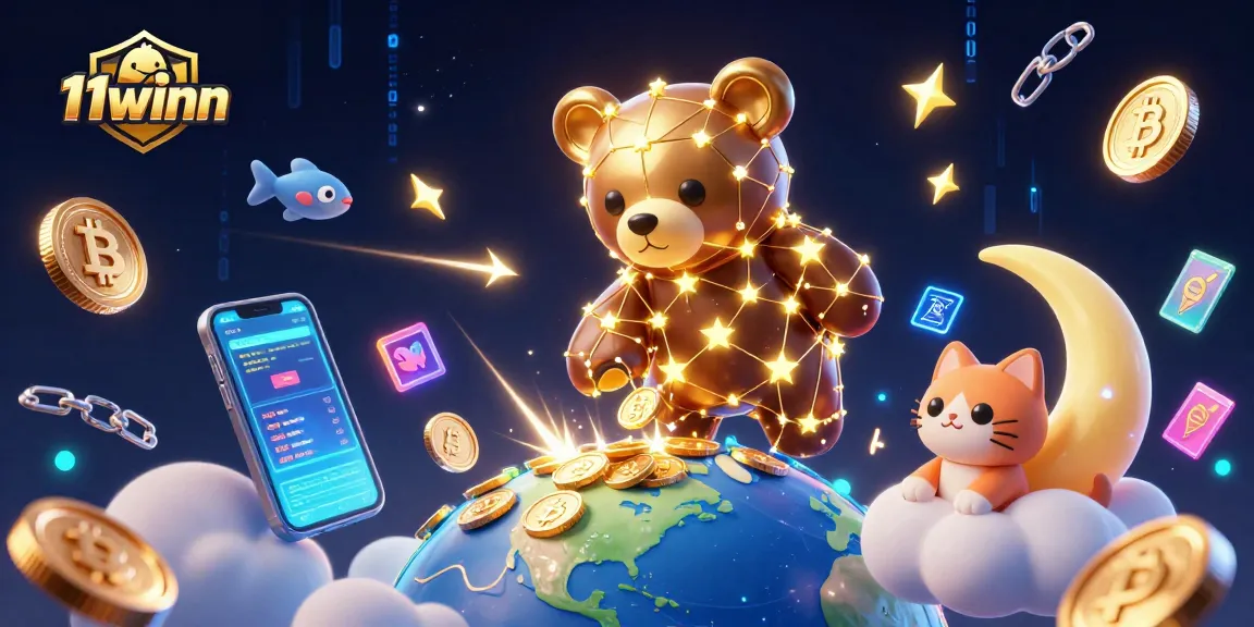 Engage with 11winn's vibrant 3D casino scene featuring golden bear, crypto coins, and luminously styled elements.