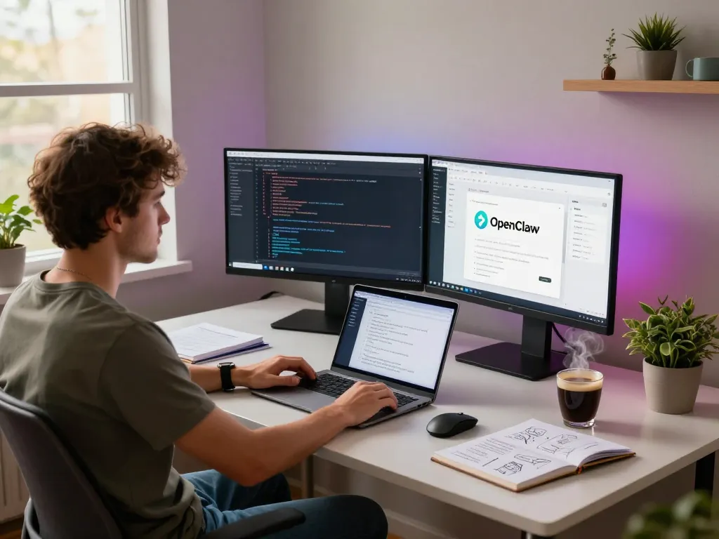Developer using OpenClaw AI in a modern home workspace.