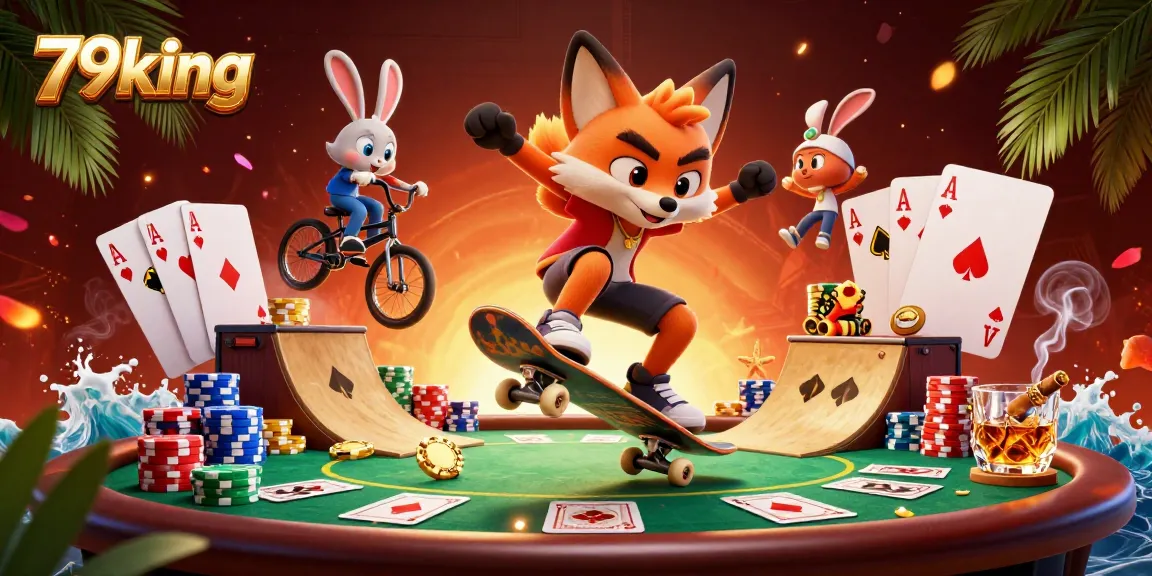 79king casino scene with a skateboarder fox and BMX-riding rabbit performing tricks over poker chips