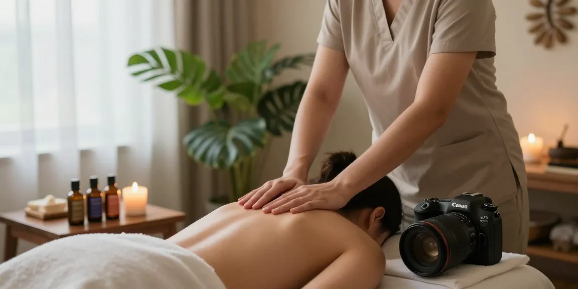 마사지 치료 중 아로마 오일을 사용하는 모습, 편안한 분위기에서의 마사지 공간