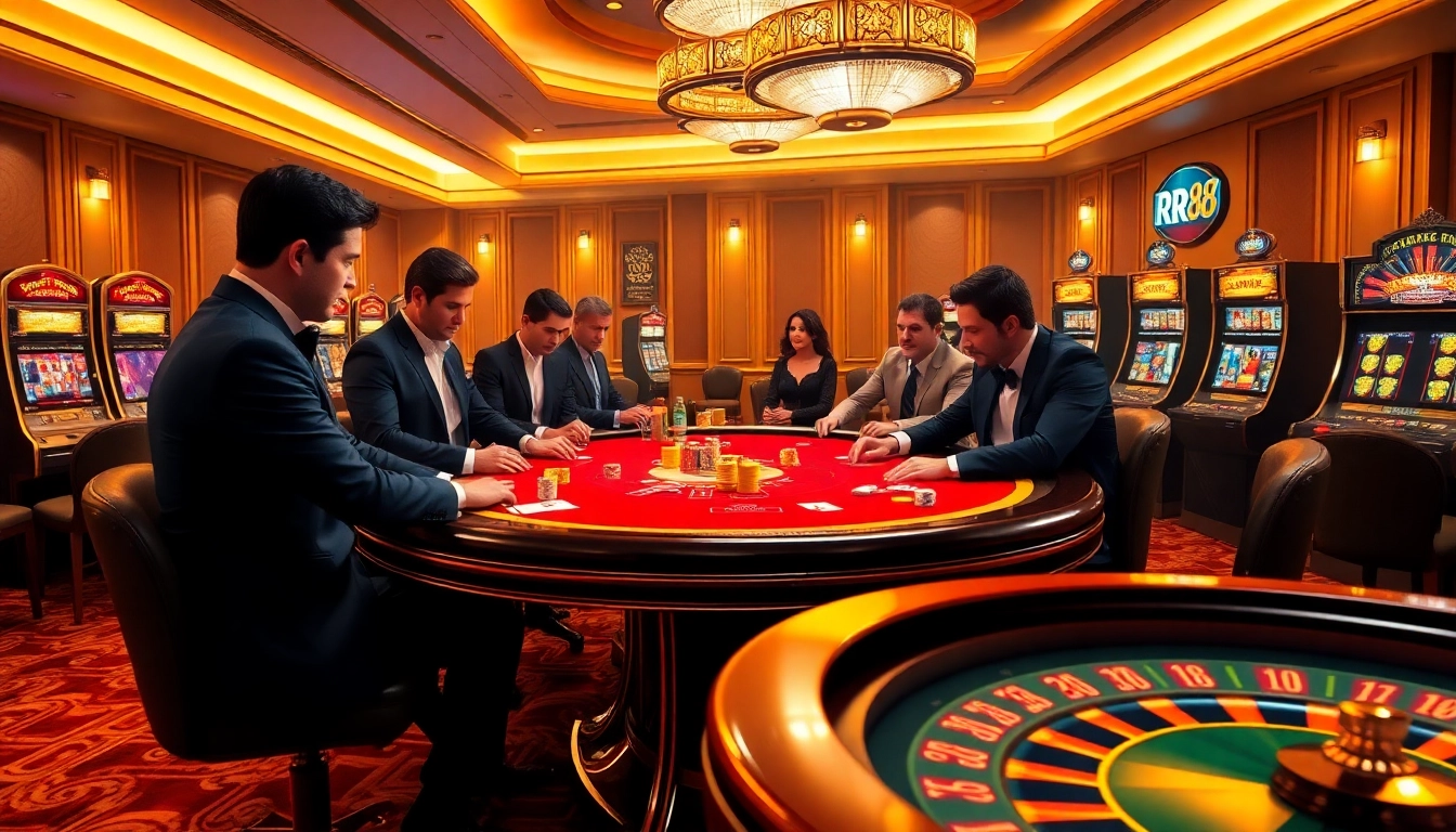 Engaging players at RR 88 casino tables, enjoying poker with luxury chips and cards.