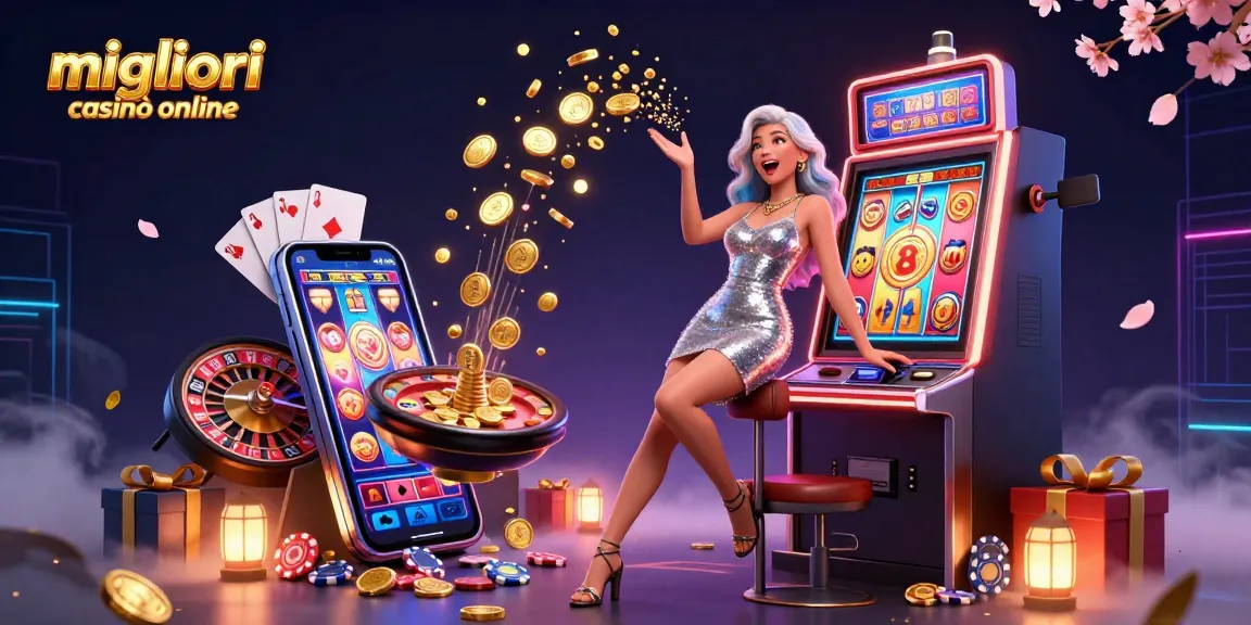 Scene di migliori casinò online con una donna asiatica gioiosa che celebra un jackpot tra elementi vivaci del casinò.