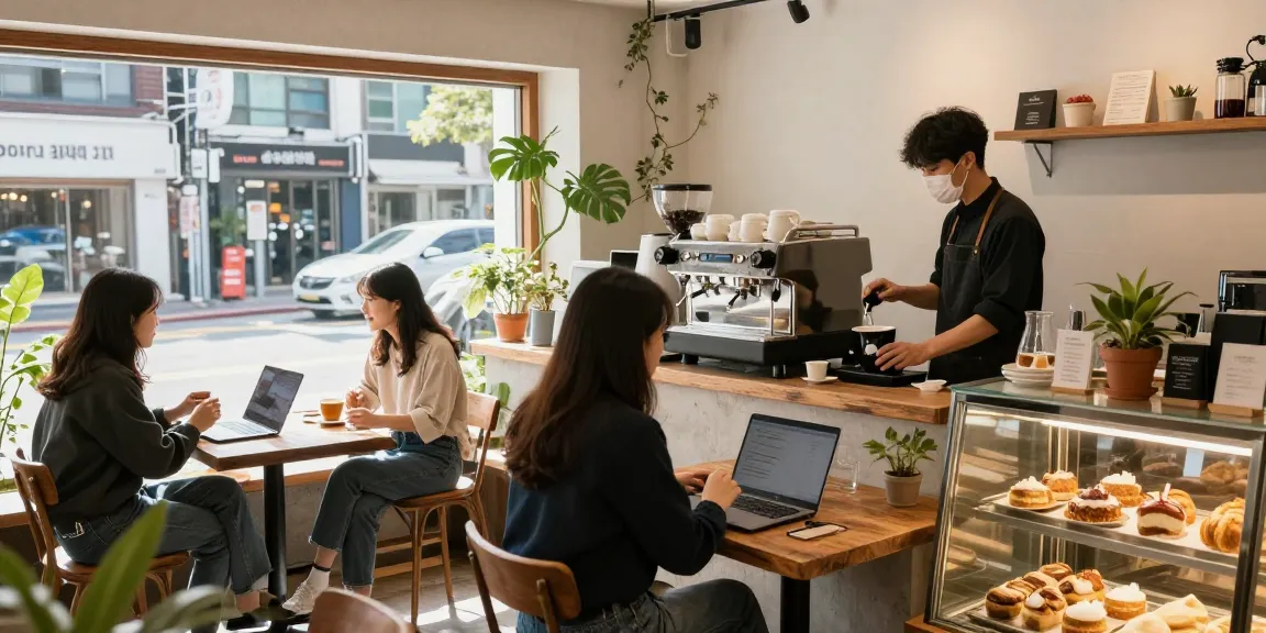 Explore vibrant café culture in Seoul with bustling atmosphere and fresh coffee preparation at https://forumup.org/shop/search.php?ca_id=&addr1=&addr2=&addr3=&schKeyword=.